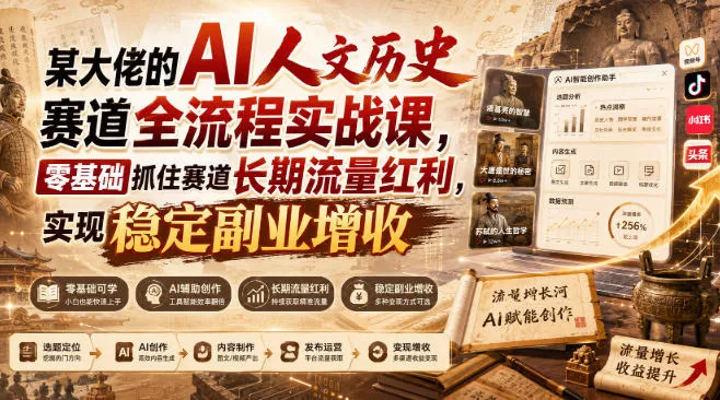 某大佬的AI人文历史赛道全流程实战课，零基础抓住赛道长期流量红利，实现稳定副业增收-奇点库