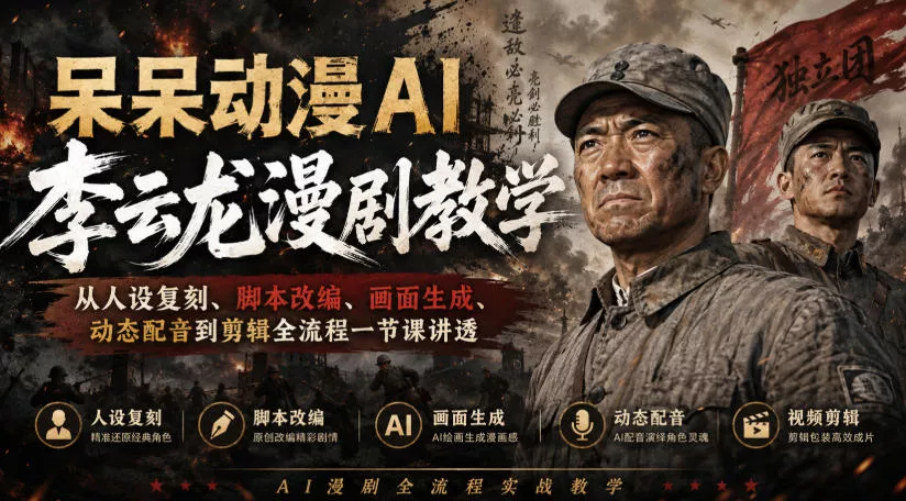 呆呆动漫AI李云龙漫剧教学,从人设复刻、脚本改编、画面生成、动态配音到剪辑全流程一节课讲透 呆呆动漫AI李云龙漫剧教学,从人设复刻、脚本改编、画面生成、动态配音到剪辑全流程一节课讲透