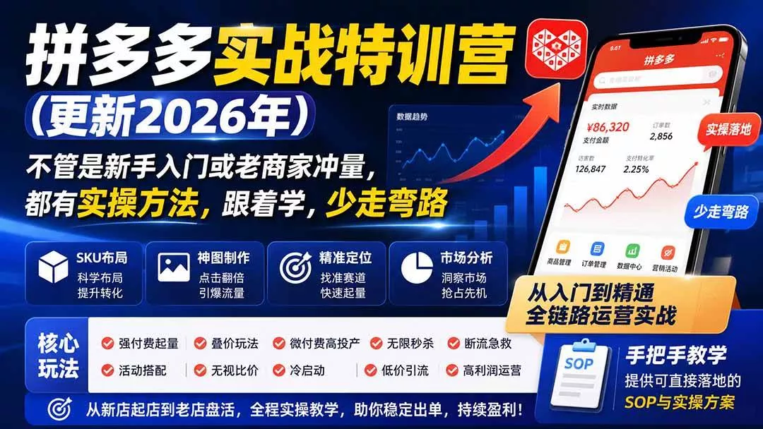（20092期）拼多多实战特训营(更新26年0827)：不管是新手入门或老商家冲量，都有实操方法，跟着学，少走弯路-奇点库
