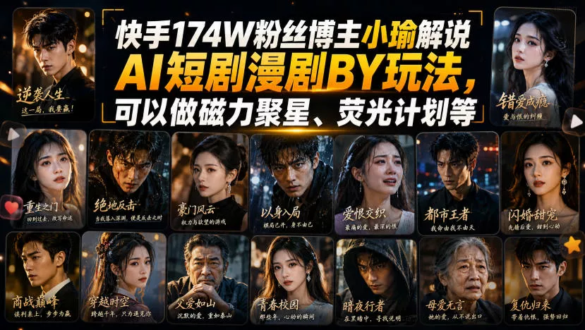 快手174W粉丝博主小瑜解说AI短剧漫剧搬运玩法，可以做磁力聚星、荧光计划等-奇点库