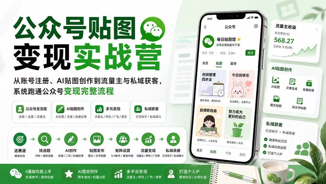 (20120期)公众号贴图变现实战营:从账号注册、AI贴图创作到流量主与私域获客,系统跑通公众号变现完整流程 (20120期)公众号贴图变现实战营:从账号注册、AI贴图创作到流量主与私域获客,系统跑通公众号变现完整流程