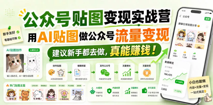 公众号贴图变现实战营，用AI贴图做公众号流量变现，建议新手都去做，真能賺钱！-奇点库