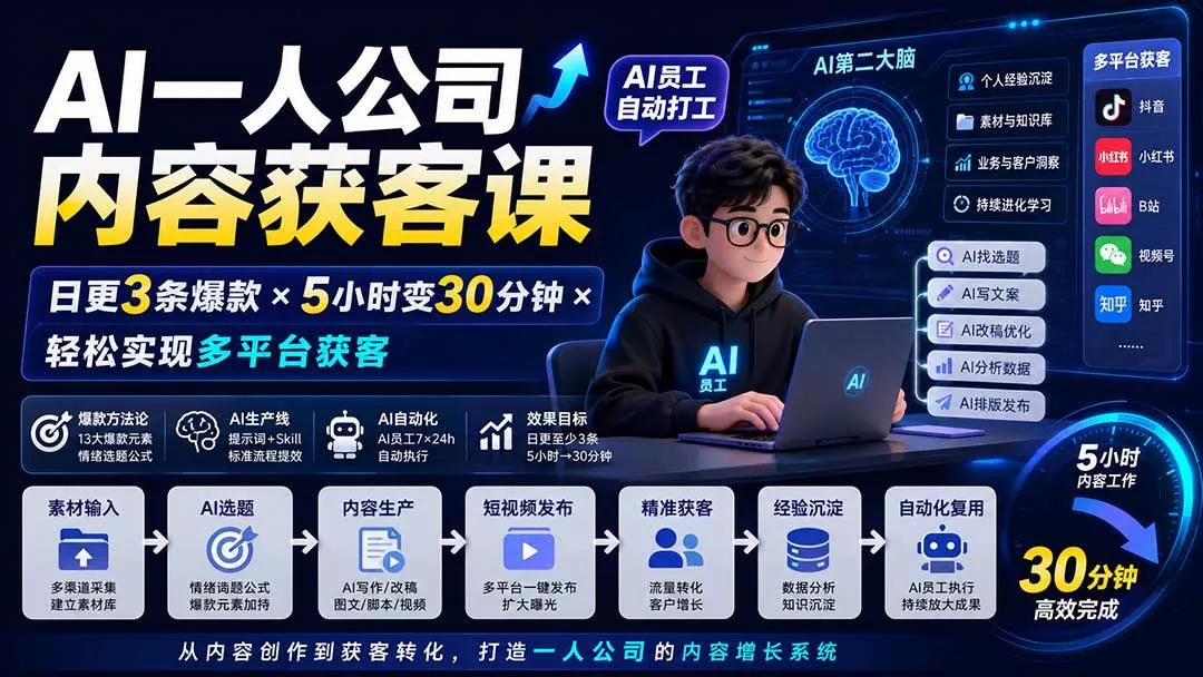 （20111期）AI一人公司内容获客课-更新8月：日更3条爆款×5小时变30分钟×AI员工自动打工，轻松实现多平台获客-奇点库