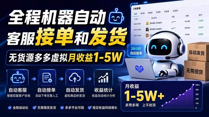 （20119期）全程机器自动客服接单和发货，无货源多多虚拟月收益1-5W-奇点库