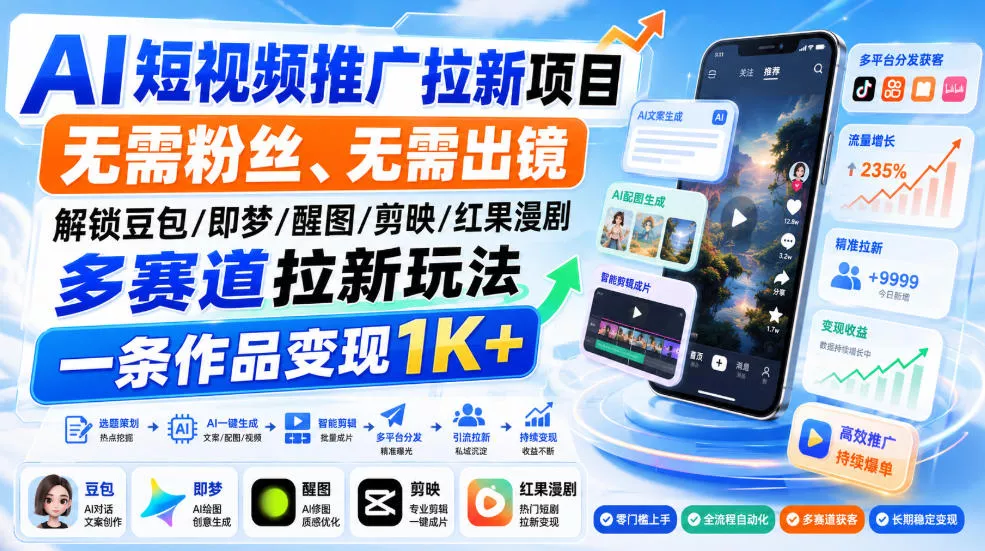 AI短视频推广拉新项目，无需粉丝、无需出镜，解锁豆包/即梦/醒图/剪映/红果漫剧多赛道拉新玩法，一条作品变现1K+-奇点库