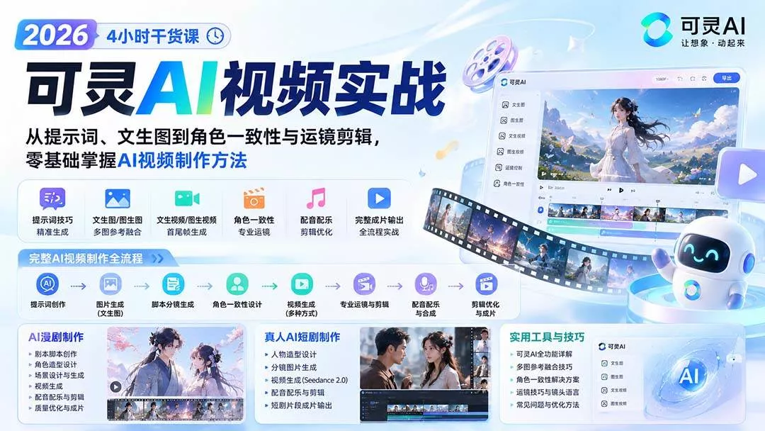 (20136期)2026可灵AI视频实战-4小时干货课:从提示词、文生图到角色一致性与运镜剪辑,零基础掌握AI视频制作方法 (20136期)2026可灵AI视频实战-4小时干货课:从提示词、文生图到角色一致性与运镜剪辑,零基础掌握AI视频制作方法