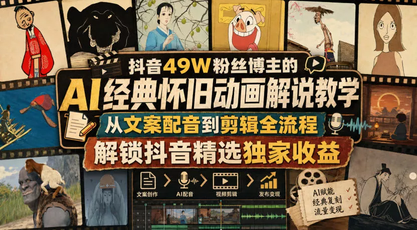 抖音49W粉丝博主的AI经典怀旧动画解说教学，从文案配音到剪辑全流程，解锁抖音精选独家收益-奇点库