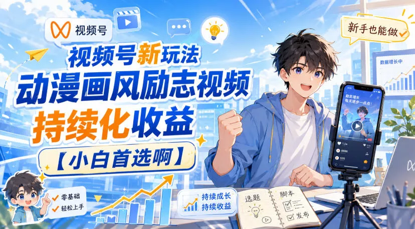 视频号新玩法动漫画风励志视频，持续化收益【小白首选啊】-奇点库