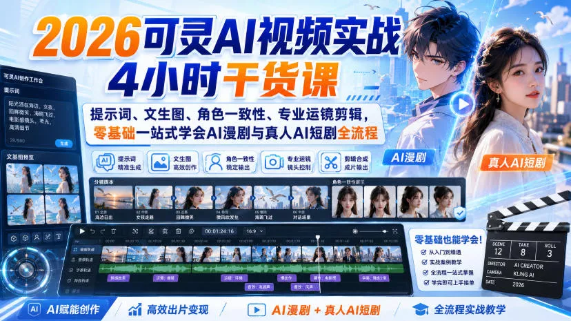 2026可灵AI视频实战4小时干货课｜提示词、文生图、角色一致性、专业运镜剪辑，零基础一站式学会AI漫剧与真人AI短剧全流程-奇点库