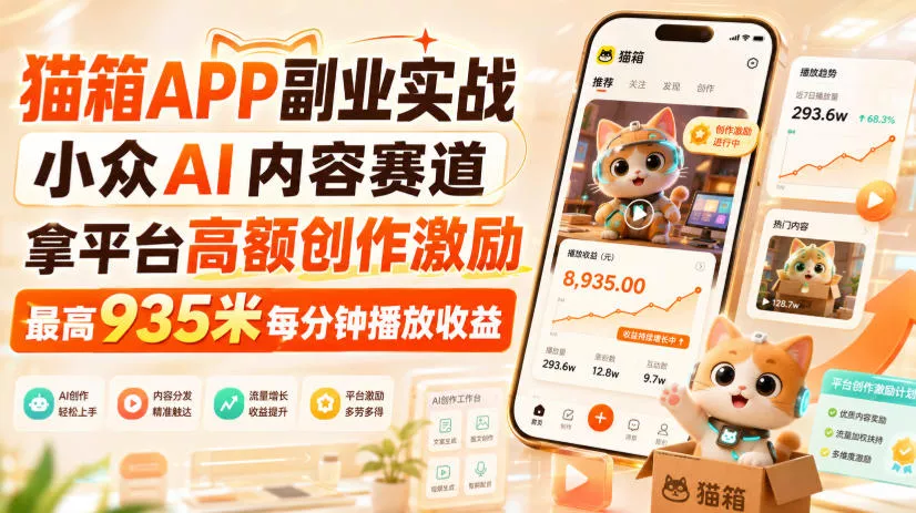 猫箱APP副业实战，小众AI内容赛道，拿平台高额创作激励，最高935米每分钟播放收益-奇点库