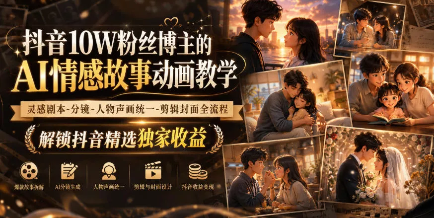 抖音10W粉丝博主的AI情感故事动画教学，灵感剧本‑分镜‑人物声画统一‑剪辑封面全流程，解锁抖音精选独家收益-奇点库
