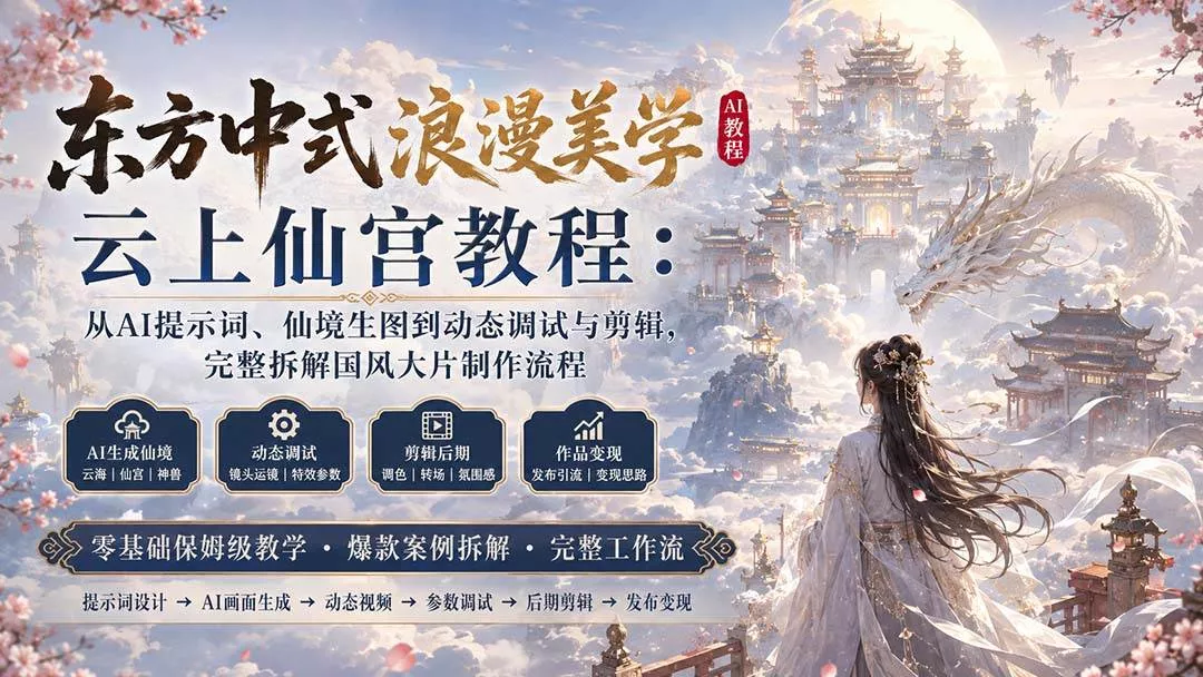（20147期）东方中式浪漫美学云上仙宫教程：从AI提示词、仙境生图到动态调试与剪辑，完整拆解国风大片制作流程-奇点库