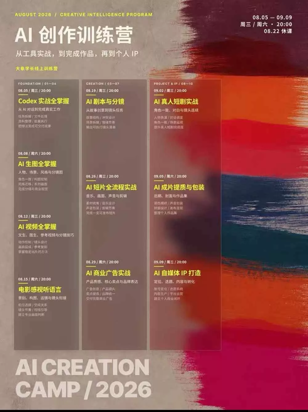 （20145期）AI+创作训练营26年8月第5期：从Codex、AI生图视频到剧本分镜与电影感短片，跑通个人IP商业闭环