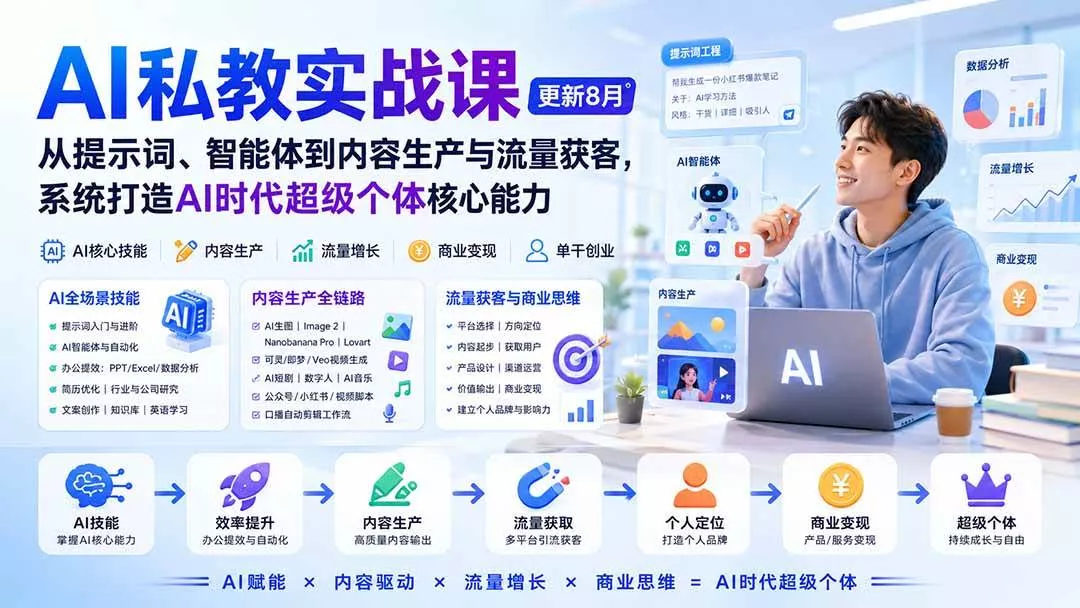 (20149期)AI私教实战课-更新8月:从提示词、智能体到内容生产与流量获客,系统打造AI时代超级个体核心能力 (20149期)AI私教实战课-更新8月:从提示词、智能体到内容生产与流量获客,系统打造AI时代超级个体核心能力