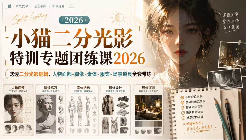 小猫二分光影特训专题团练课2026｜吃透二分光影逻辑，人物面部‑胸像‑素体‑服饰‑场景道具全套带练，高清画质附赠课件与笔刷-奇点库