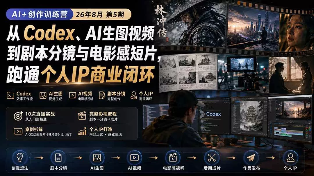 （20145期）AI+创作训练营26年8月第5期：从Codex、AI生图视频到剧本分镜与电影感短片，跑通个人IP商业闭环
