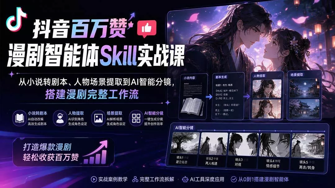 (20172期)抖音百万赞漫剧智能体Skill实战课:从小说转剧本、人物场景提取到AI智能分镜,搭建漫剧完整工作流 (20172期)抖音百万赞漫剧智能体Skill实战课:从小说转剧本、人物场景提取到AI智能分镜,搭建漫剧完整工作流