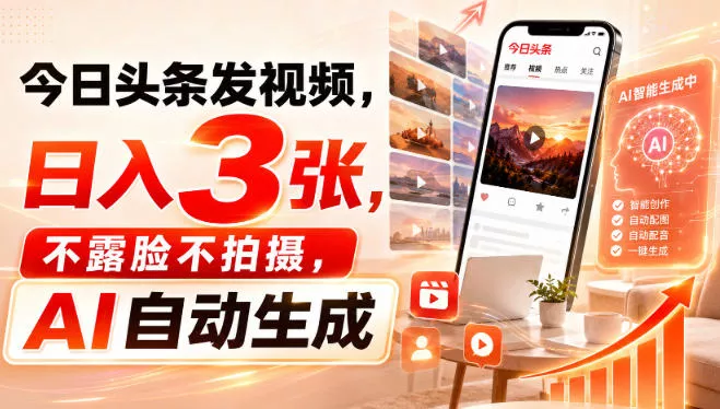 今日头条发视频,日入3张,不露脸不拍摄,AI自动生成-奇点库