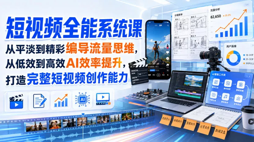 短视频全能系统课，从平淡到精彩编导流量思维，从低效到高效AI效率提升，打造完整短视频创作能力（2026年8月30更新233集）-奇点库