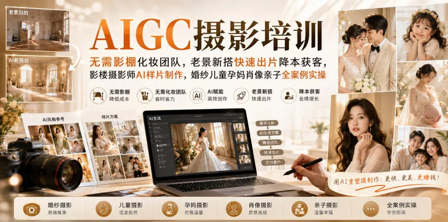 AIGC摄影培训｜无需影棚化妆团队，老景新搭快速出片降本获客，影楼摄影师AI样片制作，婚纱儿童孕妈肖像亲子全案例实操-奇点库