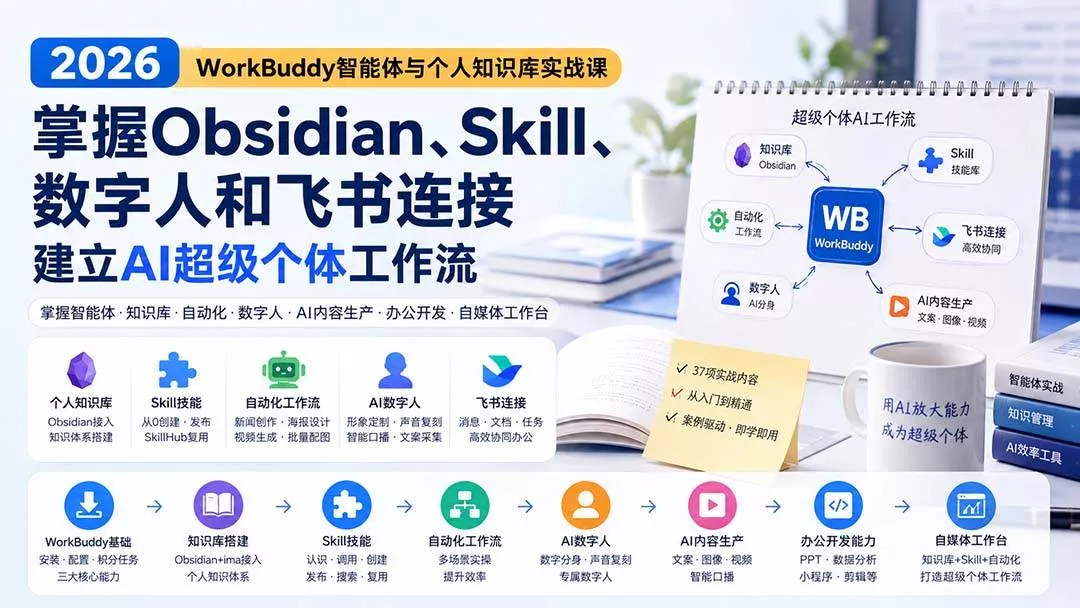 (20169期)2026 WorkBuddy智能体与个人知识库实战课:掌握Obsidian、Skill、数字人和飞书连接,建立AI超级个体工作流-奇点库