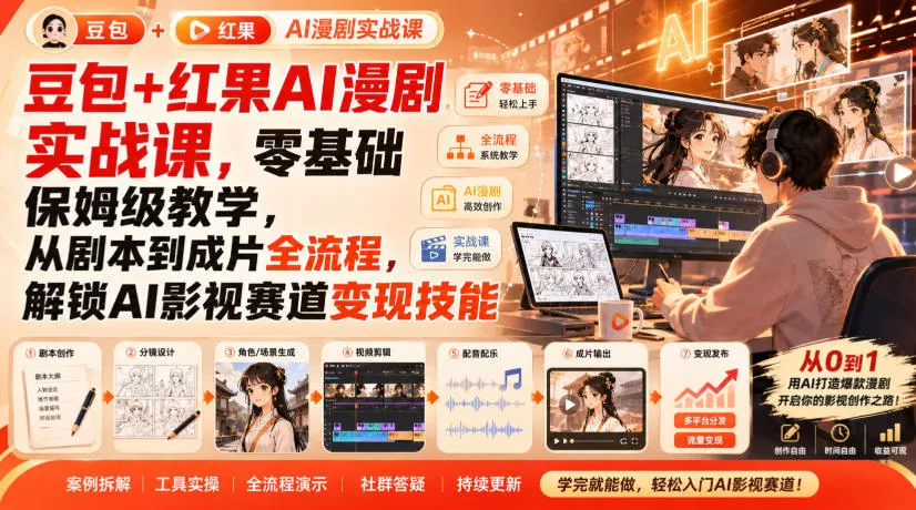 豆包+红果AI漫剧实战课，零基础保姆级教学，从剧本到成片全流程，解锁AI影视赛道变现技能-奇点库
