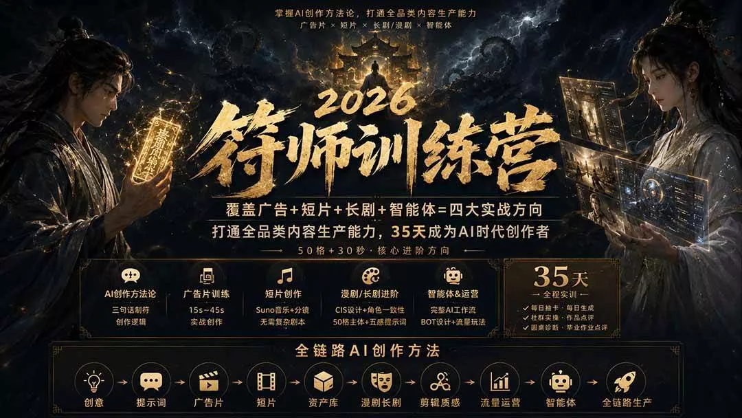 （20179期）符师训练营-35天成为AI时代创作者，广告+短片+漫剧+智能体四大实战方向，掌握从创意到上线的完整工作流-奇点库