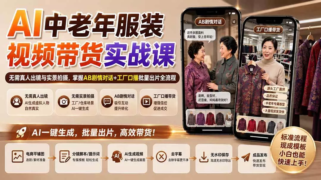 (20198期)AI中老年服装视频带货实战课:无需真人出镜与实景拍摄,掌握AB剧情对话+工厂口播批量出片全流程 (20198期)AI中老年服装视频带货实战课:无需真人出镜与实景拍摄,掌握AB剧情对话+工厂口播批量出片全流程