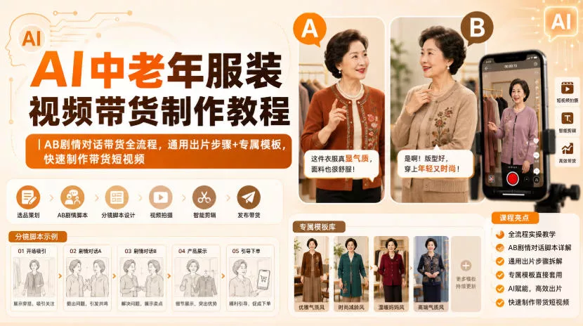 AI中老年服装视频带货制作教程｜AB剧情对话带货全流程，通用出片步骤+专属模板，快速制作带货短视频-奇点库
