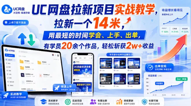 UC网盘拉新项目实战教学，拉新一个14米，用最短的时间学会、上手、出单，有学员20余个作品，轻松斩获2w+收益-奇点库