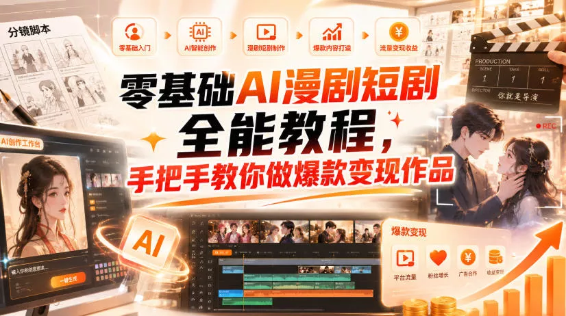 零基础AI漫剧短剧全能教程，从AI智能体搭建、文案脚本分镜、多平台AI生视频、剪映精修，覆盖全题材创作，手把手教你做爆款变现作品-奇点库