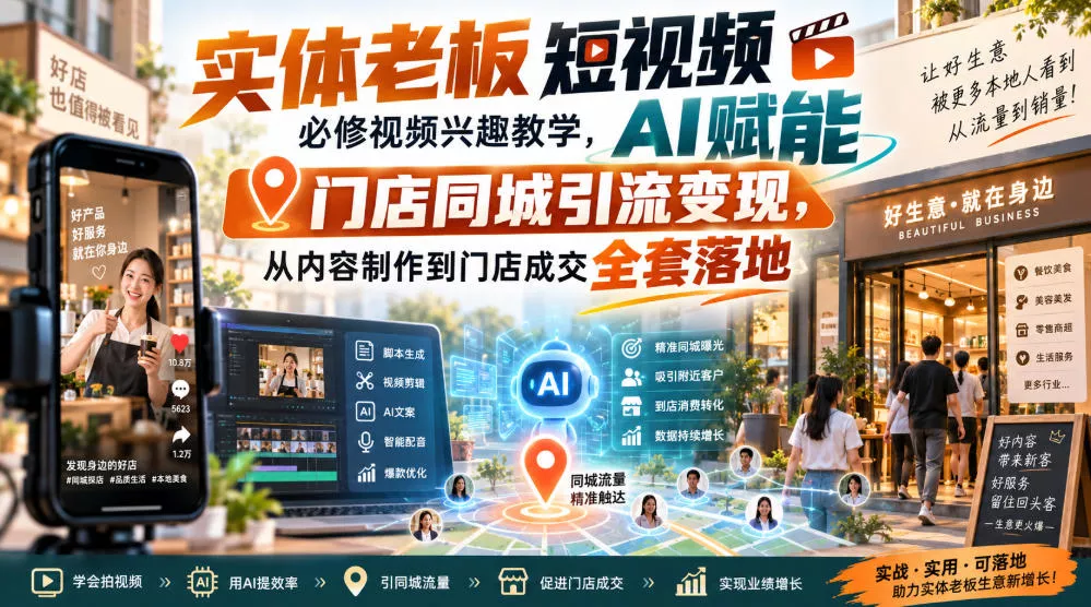 实体老板短视频必修视频兴趣教学，AI赋能门店同城引流变现，AI+短视频+直播打爆实体客流量-奇点库