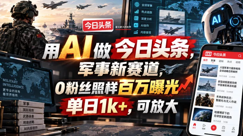 用AI做今日头条，军事新赛道，0粉丝照样百万曝光，单日1k+，可放大-奇点库