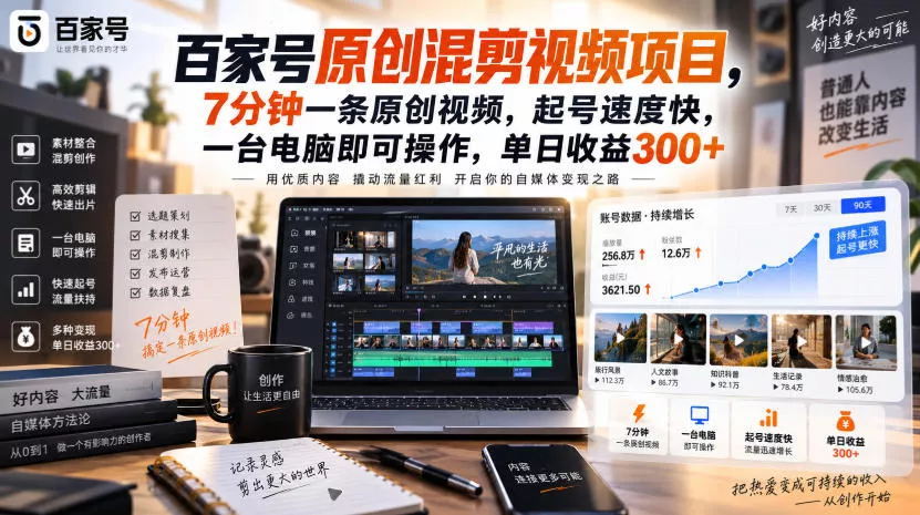 百家号原创混剪视频项目，7分钟一条原创视频，起号速度快，一台电脑即可操作，单日收益300+-奇点库