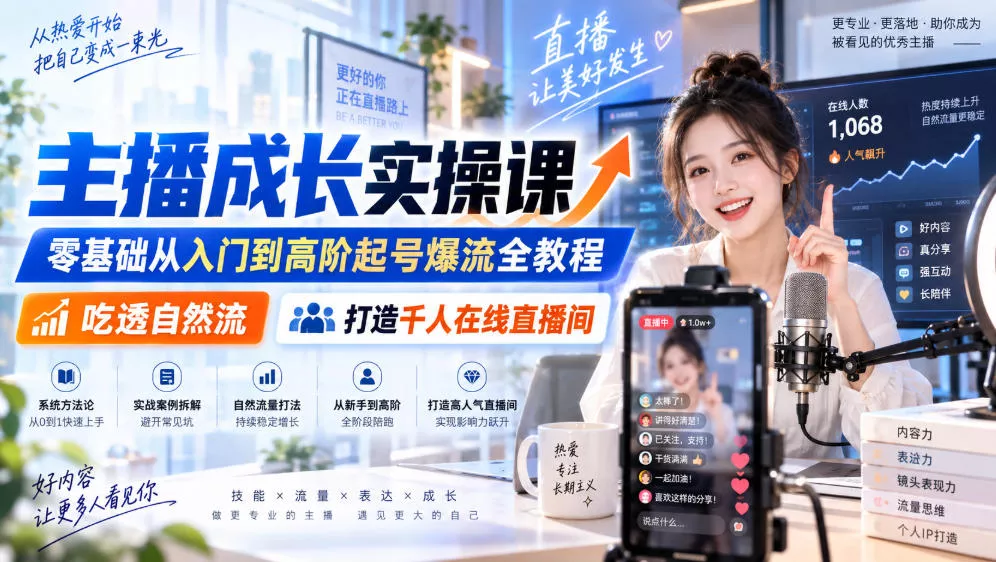 主播成长实操课｜零基础从入门到高阶起号爆流全教程，吃透自然流，打造千人在线直播间-奇点库