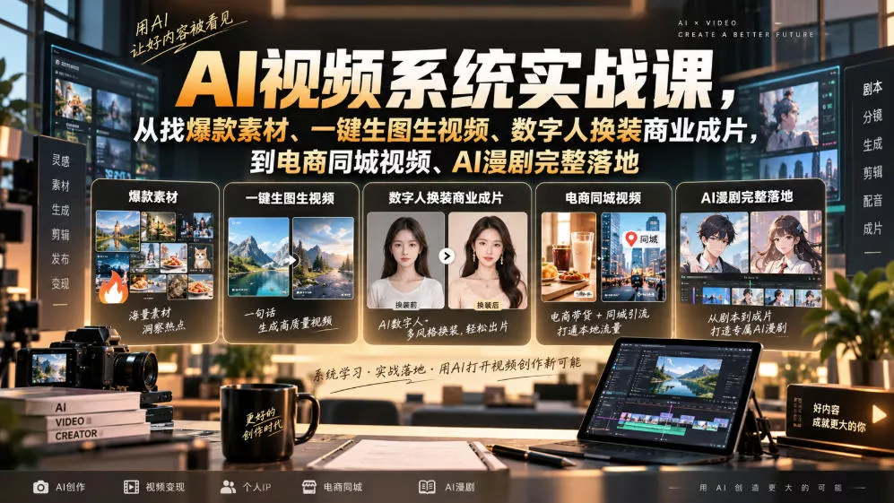 AI视频系统实战课，从找爆款素材、一键生图生视频、数字人换装商业成片，到电商同城视频、AI漫剧完整落地-奇点库