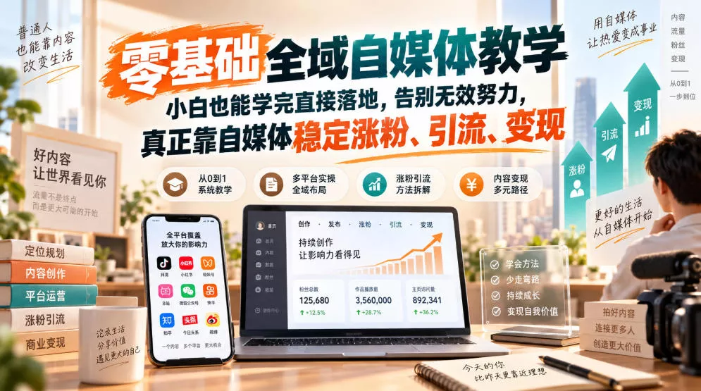 零基础全域自媒体教学，小白也能学完直接落地，告别无效努力，真正靠自媒体稳定涨粉、引流、变现-奇点库