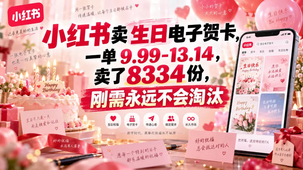 小红书卖生日电子贺卡，一单9.99-13.14，卖了8334份，刚需永远不会淘汰-奇点库