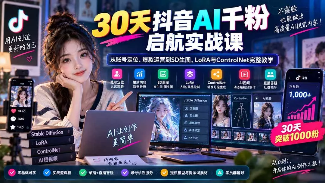 （20291期）30天抖音AI千粉启航实战课：从账号定位、爆款运营到SD生图、LoRA与ControlNet完整教学-奇点库