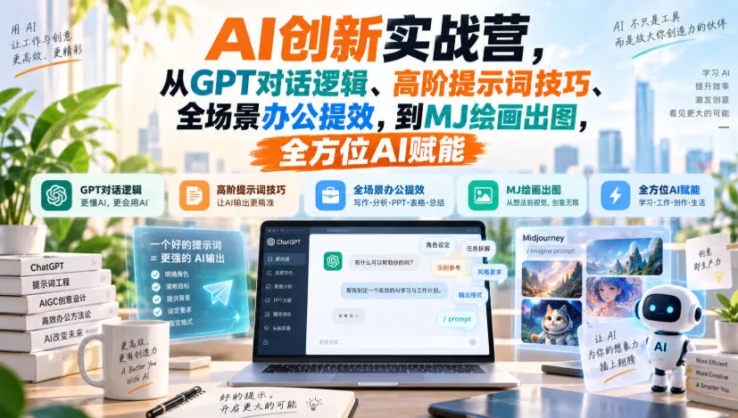 AI创新实战营，从GPT对话逻辑、高阶提示词技巧、全场景办公提效，到MJ绘画出图，全方位AI赋能-奇点库