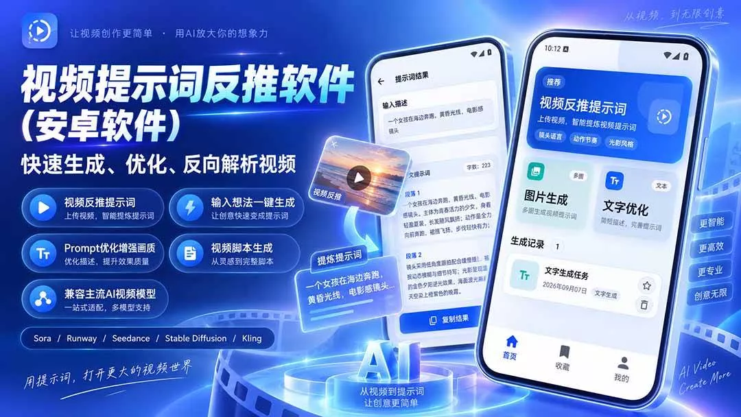 （20301期）视频提示词反推软件（安卓软件），快速生成、优化、反向解析视频-奇点库