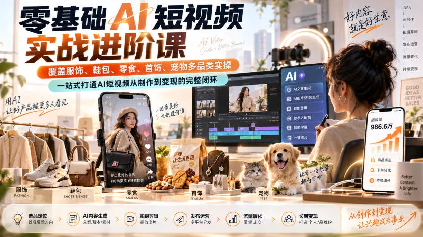 零基础AI短视频实战进阶课,覆盖服饰、鞋包、零食、首饰、宠物多品类实操,一站式打通AI短视频从制作到变现的完整闭环 零基础AI短视频实战进阶课,覆盖服饰、鞋包、零食、首饰、宠物多品类实操,一站式打通AI短视频从制作到变现的完整闭环