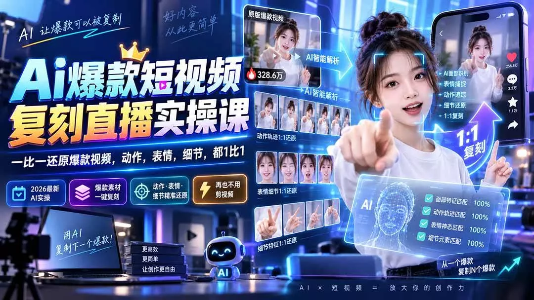 （20304期）最新Ai爆款短视频复刻直播实操课，一比一还原爆款视频，动作，表情，细节，都1比1-奇点库