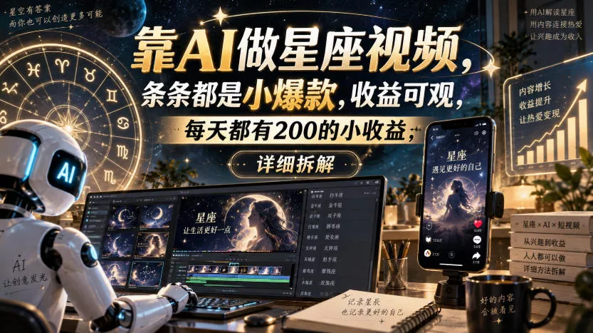 靠AI做星座视频，条条都是小爆款，收益可观，每天都有200的小收益，详细拆解-奇点库