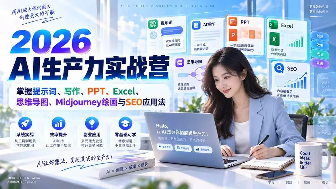 （20307期）2026AI生产力实战营：掌握提示词、写作、PPT、Excel、思维导图、Midjourney绘画与SEO应用法-奇点库