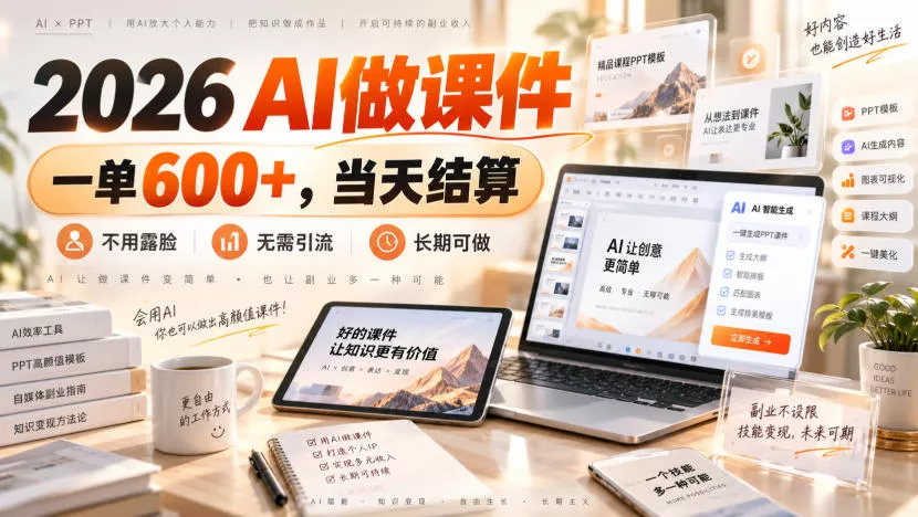 2026 AI做课件，一单600+，当天结算，不用露脸，无需引流，长期可做【揭秘】-奇点库