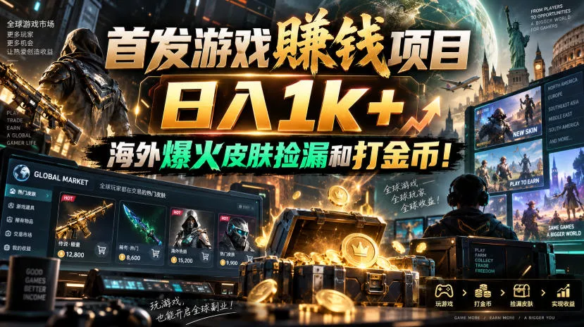 首发游戏賺钱项目，日入1k+，海外爆火皮肤捡漏和打金币！【揭秘】-奇点库