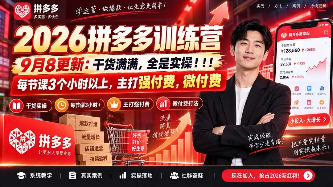 （20338期）2026拼多多训练营9月8更新：干货满满，全是实操！！！每节课3个小时以上，主打强付费，微付费-奇点库