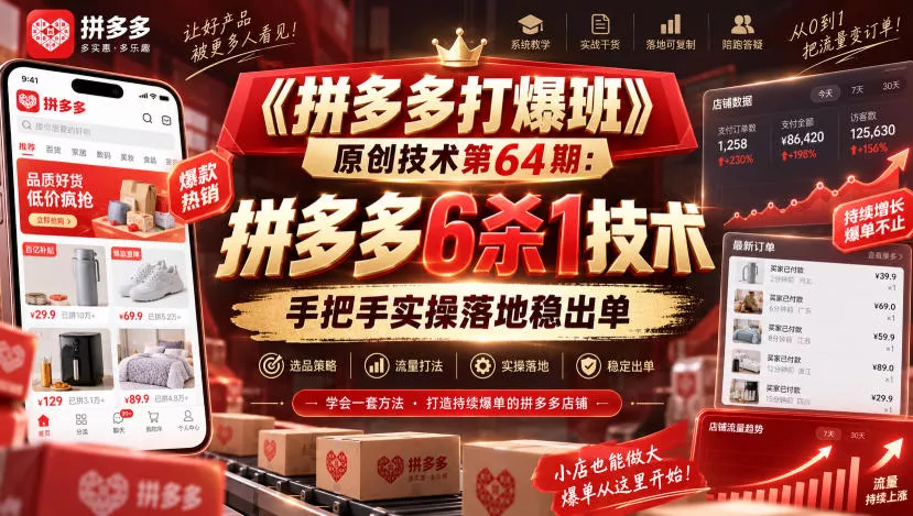 《拼多多打爆班》原创技术第64期：拼多多6杀1技术，手把手实操落地稳出单-奇点库