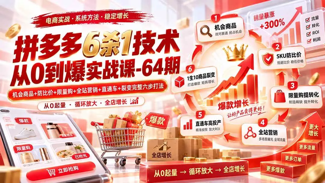 （20315期）拼多多6杀1技术从0到爆实战课-64期：机会商品+防比价+限量购+全站营销+直通车+裂变完整六步打法-奇点库